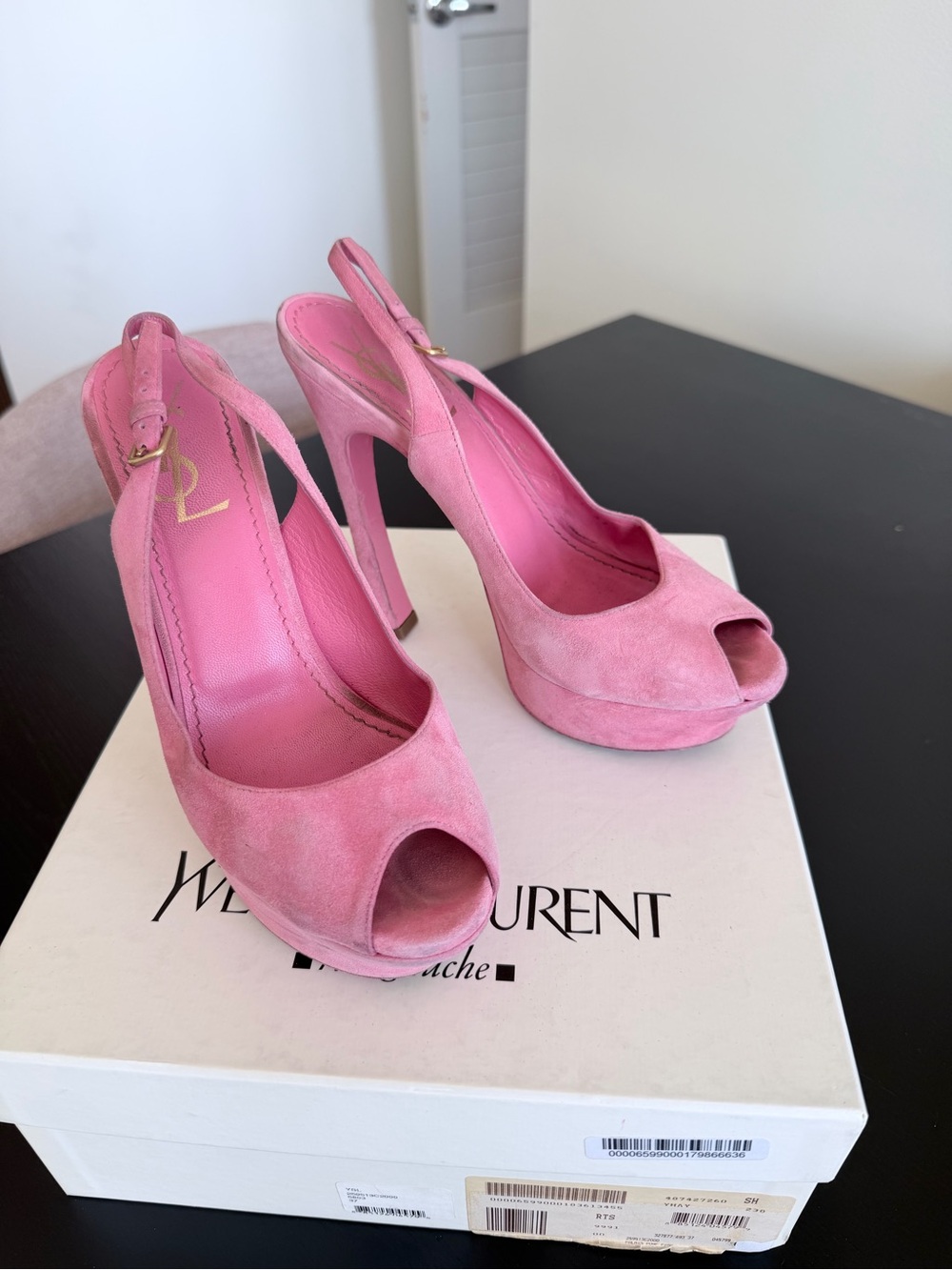 Saint Laurent Pink Suede Peep-Toe Platform Slingbacks